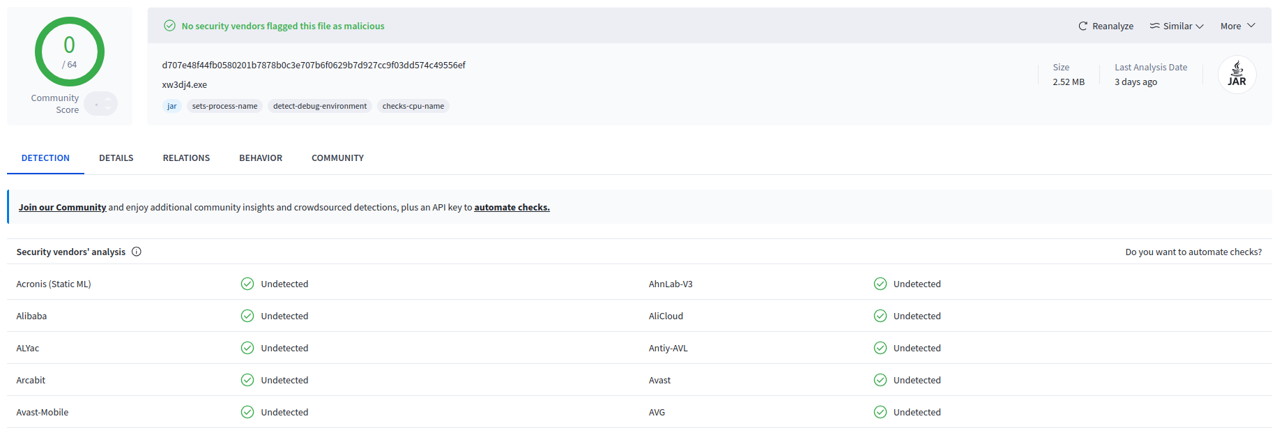 VirusTotal: 0/64 detections